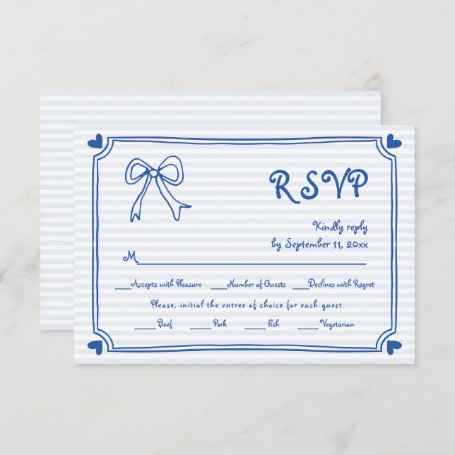 Blue hand drawn bow and border whimsical wedding RSVP card (Front/Back)