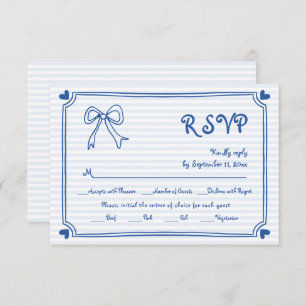 Blue hand drawn bow and border whimsical wedding RSVP card