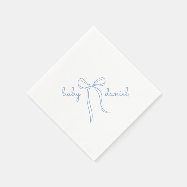 blue Hand Drawn Bow Boy Baby Shower Napkin (Corner)