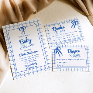 Blue Hand Drawn Bow Gingham Boy Baby Shower Invitation
