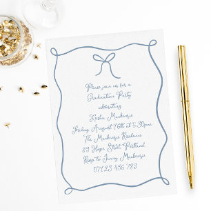 Blue Hand Drawn Bow Photo Graduation Party Invitation