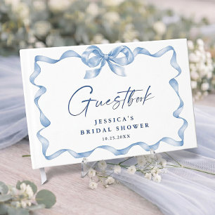 Blue Hand Drawn Bow Ribbon Bridal Shower Guest Book