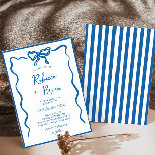 Blue Hand Drawn Bow Ribbon Sketch Wedding Invitation