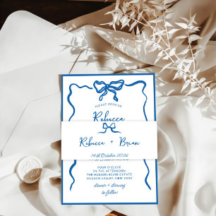 Blue Hand Drawn Bow Ribbon Sketch Wedding Invitation Belly Band