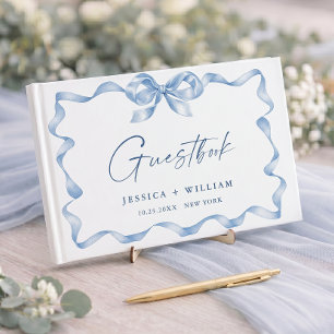 Blue Hand Drawn Bow Ribbon Wedding Guest Book