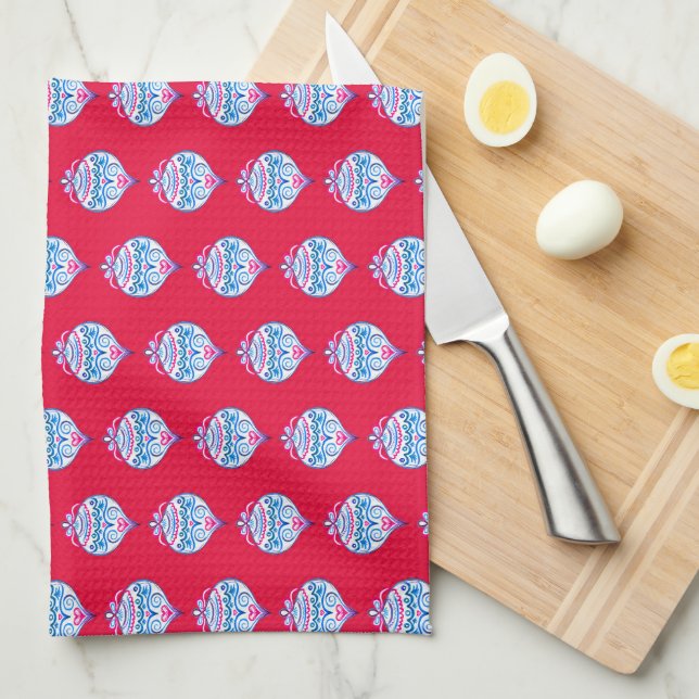 Blue hand drawn Christmas ornaments on bright red  Tea Towel (Quarter Fold)