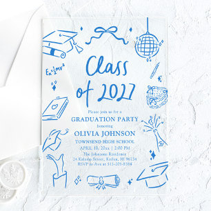 Blue Hand Drawn Class of 2027 Graduation Party Acrylic Invitations