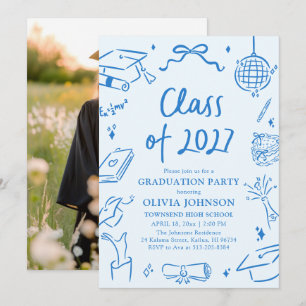 Blue Hand Drawn Class of 2027 Graduation Party Invitation