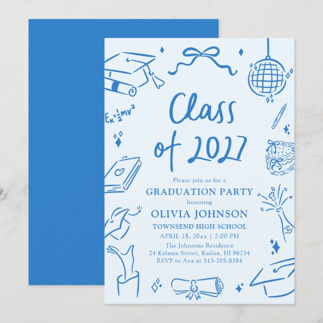 Blue Hand Drawn Class of 2027 Graduation Party Invitation (Front/Back)