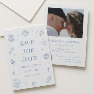 Blue Hand Drawn Coastal Wedding Save the Date Invitation