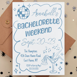 Blue Hand Drawn Disco Bachelorette Party Weekend Invitation