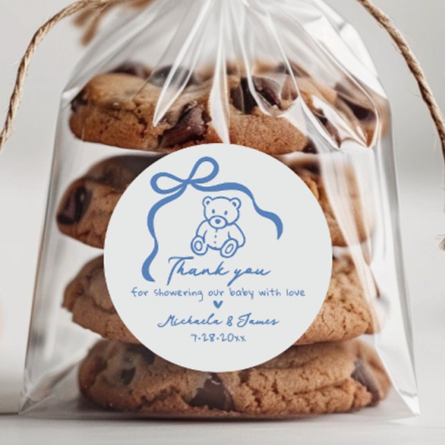 Blue Hand Drawn Doodle Bow & Teddy Boy Baby Shower Classic Round Sticker (Creator Uploaded)