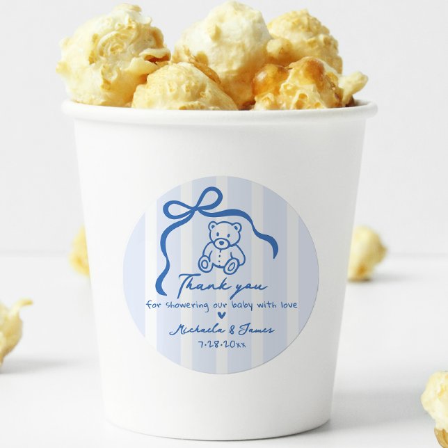 Blue Hand Drawn Doodle Bow & Teddy Boy Baby Shower Classic Round Sticker (Creator Uploaded)