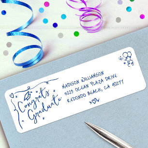 Blue Hand Drawn Doodle Graduation White Address Return Address Label