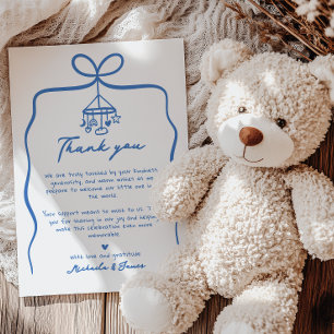 Blue Hand Drawn Doodle Ribbon Bow Boy Baby Shower Thank You Card