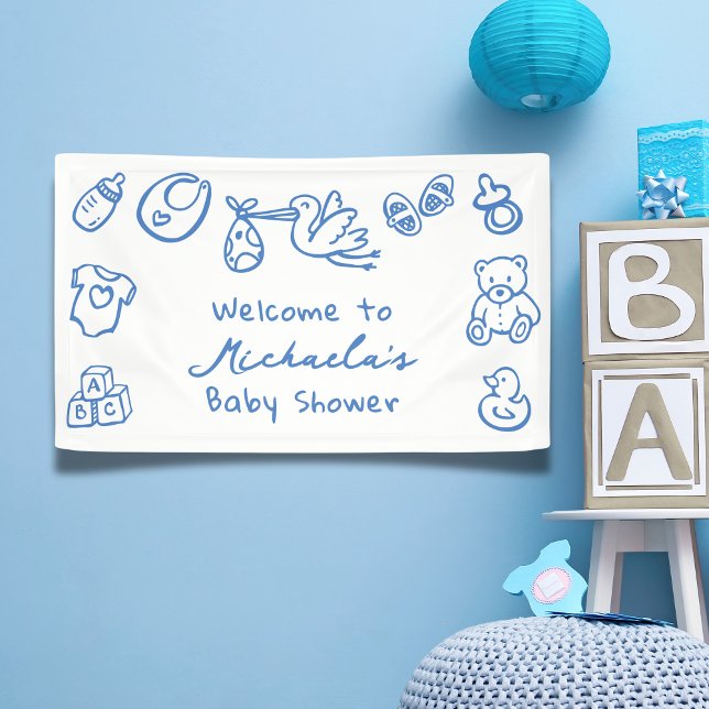 Blue Hand Drawn Doodle Whimsical Baby Shower Banner (Creator Uploaded)