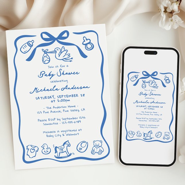 Blue Hand Drawn Doodle Whimsical Boy Baby Shower Invitation (Creator Uploaded)