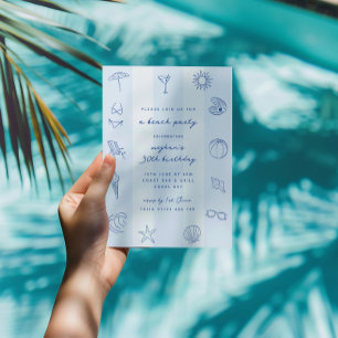 Blue Hand Drawn Doodles Birthday Beach Party Invitation