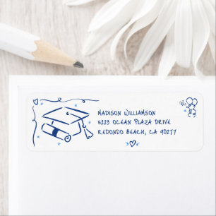 Blue Hand Drawn Doodles Graduate Cap White Address Return Address Label