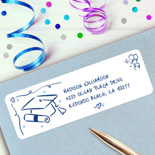 Blue Hand Drawn Doodles Graduate Cap White Address Return Address Label