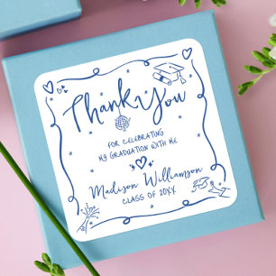 Blue Hand Drawn Doodles Graduation Thank You White Square Sticker
