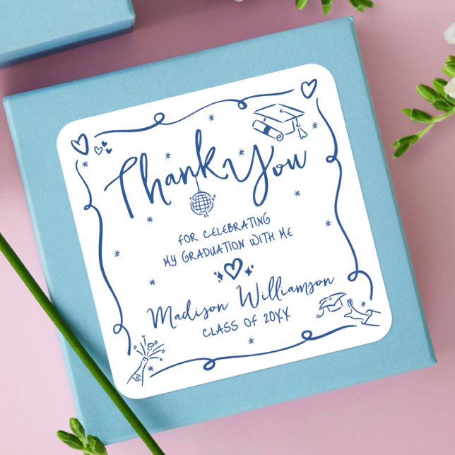 Blue Hand Drawn Doodles Graduation Thank You White Square Sticker (Creator Uploaded)