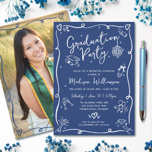 Blue Hand Drawn Doodles Style Photo Graduate Party Invitation