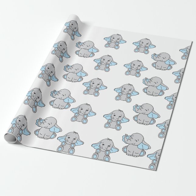 Blue Hand Drawn Elephant Pattern Elephant Cartoon Wrapping Paper (Unrolled)
