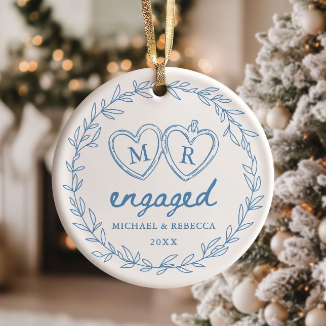 Blue Hand Drawn Engaged Christmas Ceramic Ornament (Creator Uploaded)