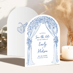Blue Hand Drawn Floral Arch Whimsical Wedding Save The Date