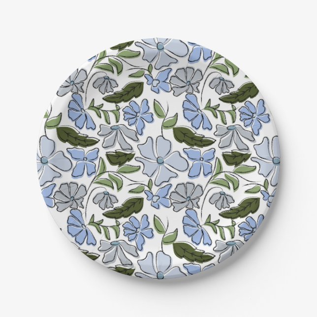 Blue Hand Drawn Floral Block Print Paper Plate (Front)