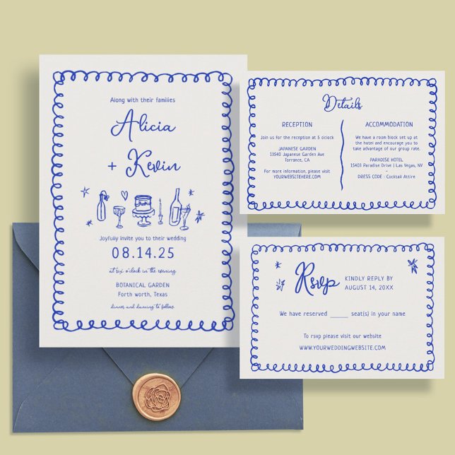 Blue Hand Drawn French Fun Wedding Invitations (Creator Uploaded)