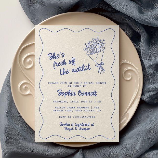 Blue Hand Drawn Fresh off the Market Bridal Shower Invitation (Creator Uploaded)