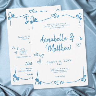 Blue Hand Drawn Heart Whimsical Modern Wedding  Invitation