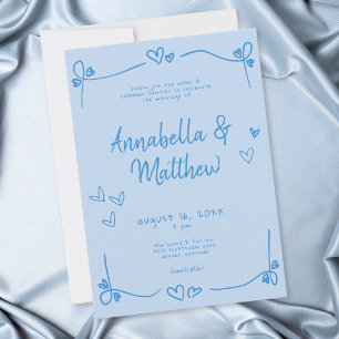 Blue Hand Drawn Heart Whimsical Modern Wedding Invitation