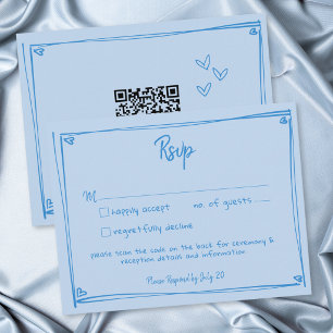 Blue Hand Drawn Heart Whimsical Modern Wedding QR RSVP Card