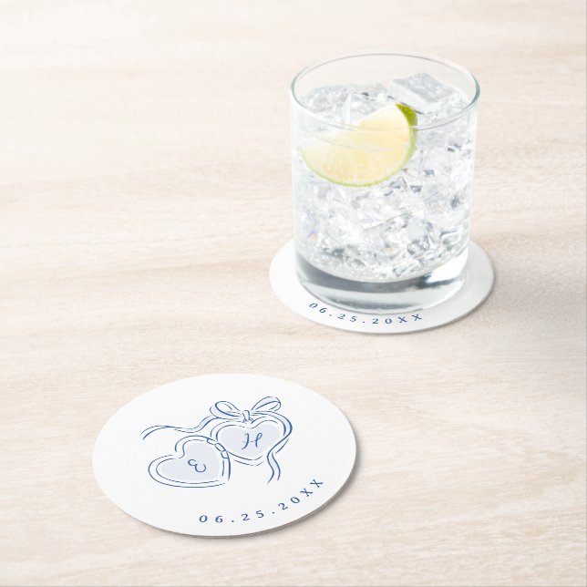 Blue Hand Drawn Hearts Monogram Whimsical Wedding Round Paper Coaster (Insitu)