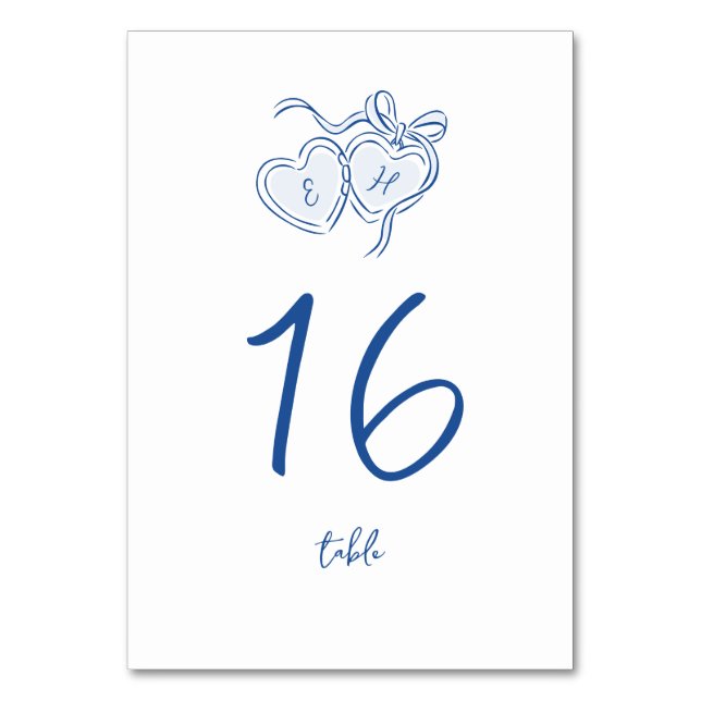 Blue Hand Drawn Hearts Monogram Whimsical Wedding Table Number (Front)