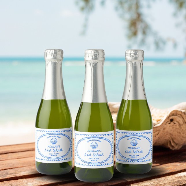 Blue Hand Drawn Last Splash Bachelorette Sparkling Wine Label (Creator Uploaded)