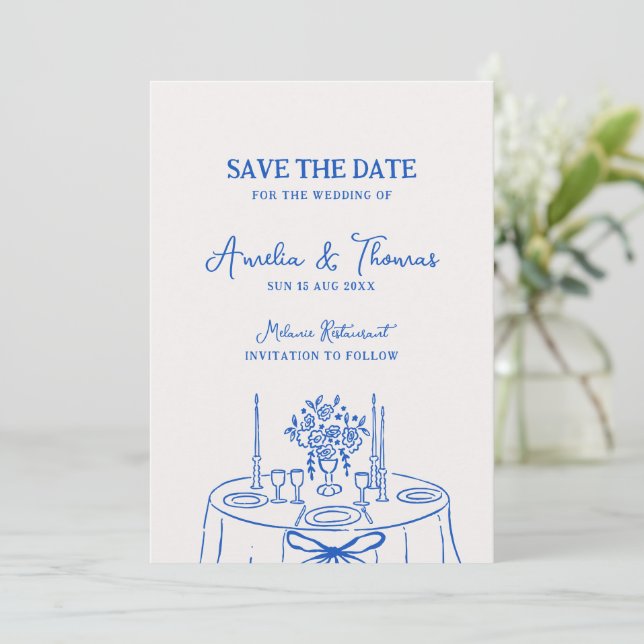 Blue Hand Drawn Minimal Save the Date Invitation (Standing Front)