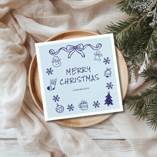 Blue Hand Drawn Scribble Christmas  Napkin (Creator Uploaded)