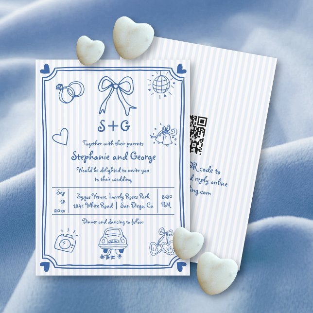 Blue hand drawn scribble doodle QR code wedding Invitation (Creator Uploaded)