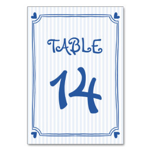 Blue hand drawn scribble doodle, stripes wedding table number