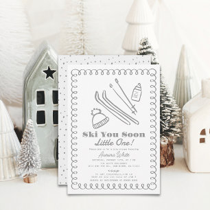 Blue Hand-Drawn Ski Grey Baby Shower Invitation