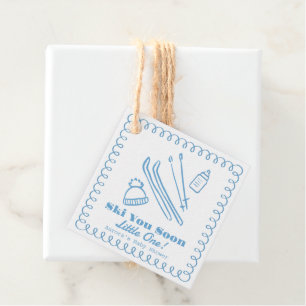 Blue Hand-Drawn Ski You Soon Boy Baby Shower Favour Tags