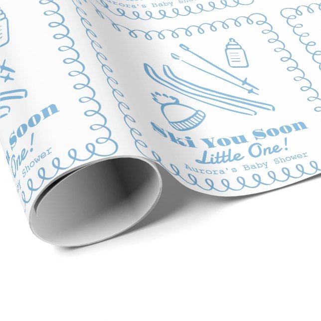 Blue Hand-Drawn Ski You Soon Boy Baby Shower Wrapping Paper (Roll Corner)