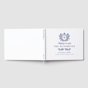 Blue Hand-Drawn Vintage Crest Monogram Wedding Guest Book