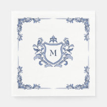 Blue Hand-Drawn Vintage Crest Monogrammed Wedding
