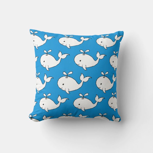 Blue Hand Drawn Whale Pattern Whale Cartoon Cushion (Front)