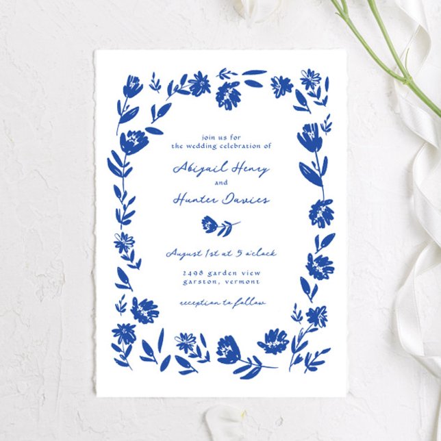 Blue Hand Drawn Whimsical Flower Border Wedding Invitation (Creator Uploaded)